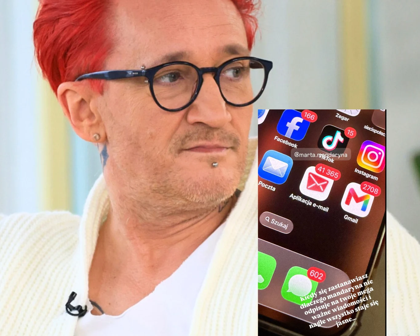 Mężczyzna o czerwonych włosach i w okularach patrzy w bok, nałożony zrzut ekranu telefonu pokazuje powiadomienia z różnych aplikacji – m.in. Facebook, Messenger, Gmail i Instagram – z bardzo dużą liczbą nieodczytanych wiadomości.