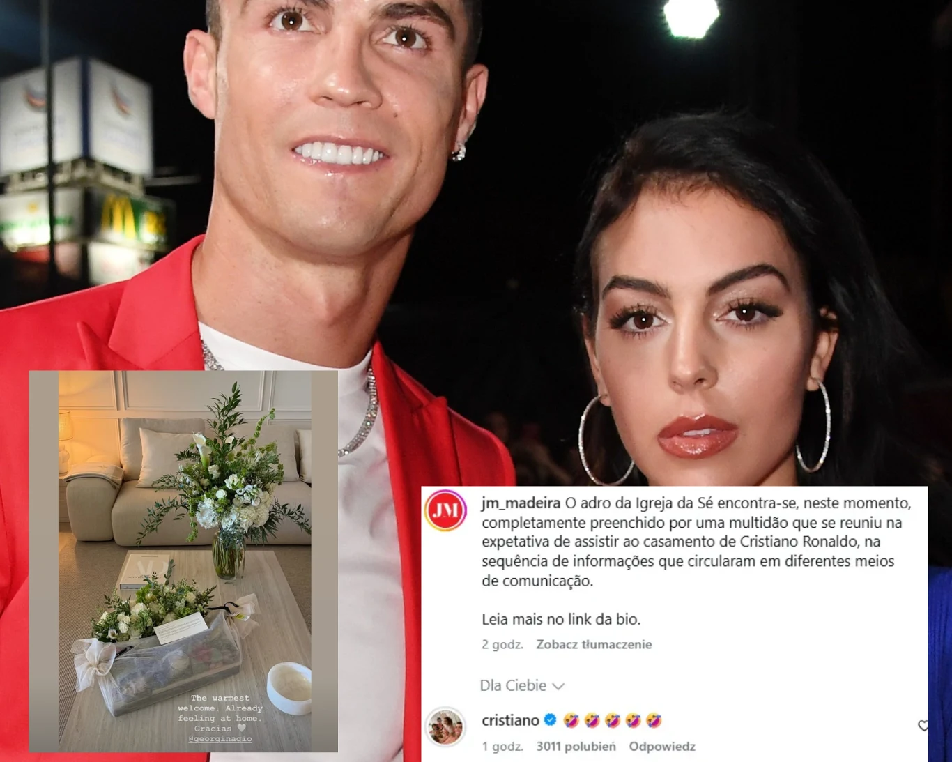 Cristiano Ronaldo i Georgina Rodriguez Cristiano Ronaldo i kobieta stoją razem na tle nocnego miasta, obok fragment posta z Instagrama i zdjęcie bukietu kwiatów na stole w salonie.