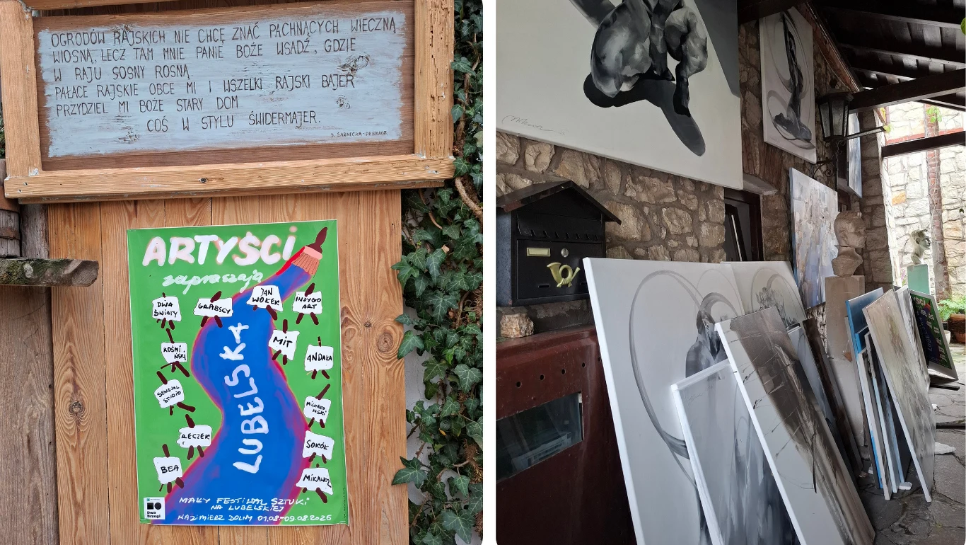 Tablica z wierszem, plakat promujący wydarzenie artystyczne oraz zestaw dużych czarno-białych portretów opartych o kamienny mur i drewnianą ścianę.