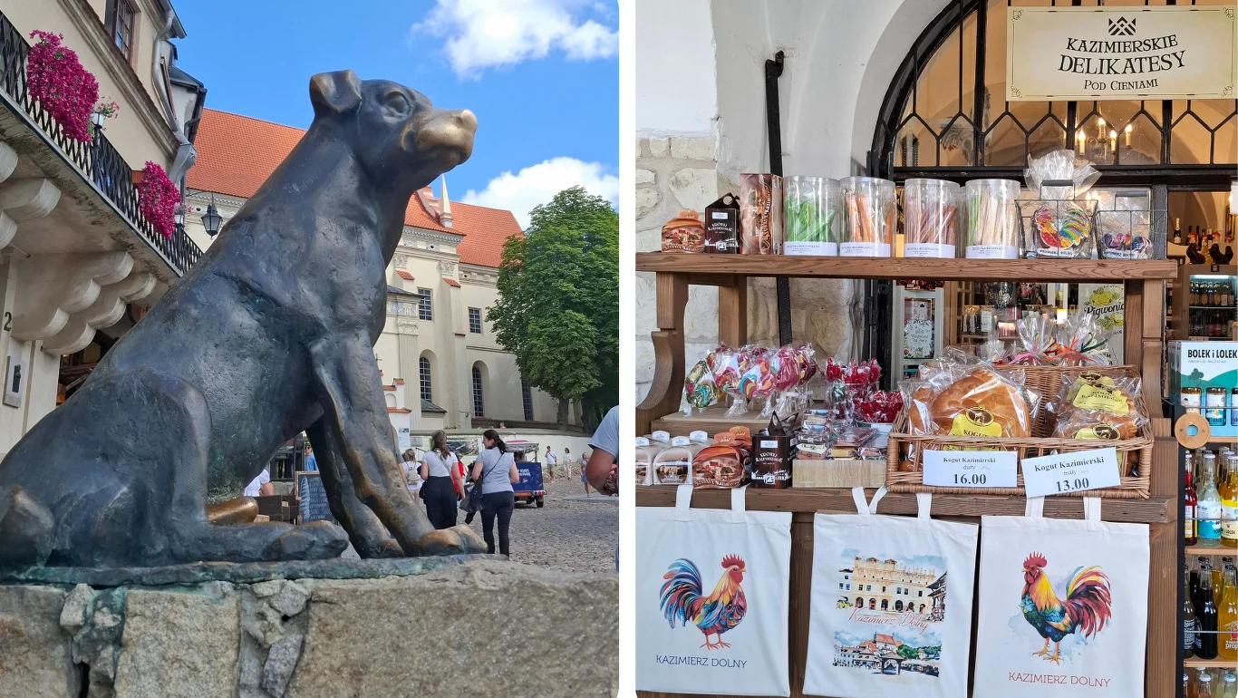 Brązowa rzeźba psa ustawiona na kamiennym cokole w centrum brukowanego placu oraz sklepik z regionalnymi przysmakami, kolorowymi opakowaniami i materiałowymi torbami z motywem koguta i ilustracją rynku.