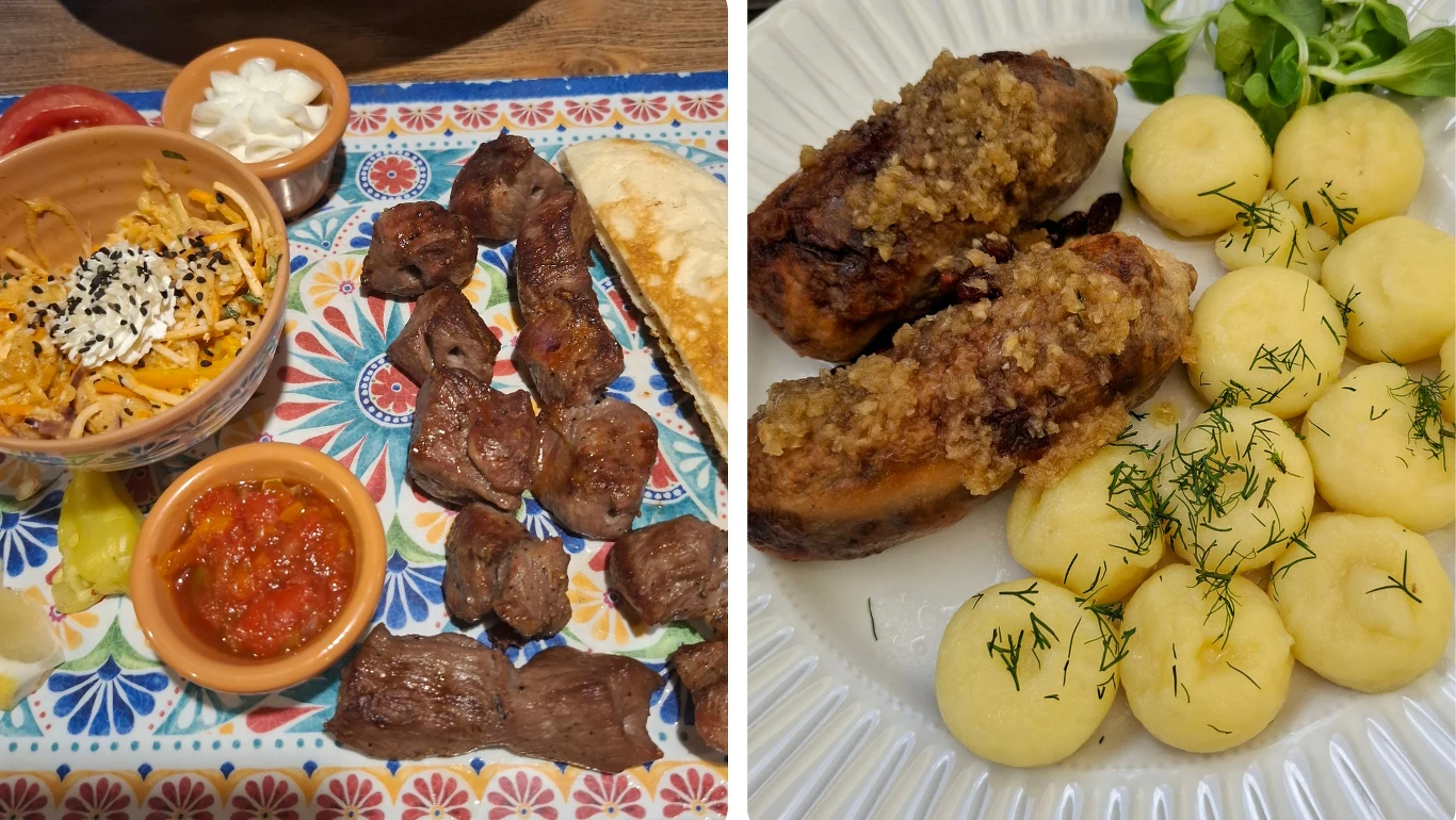 Dwa zestawy dań – po lewej kawałki grillowanego mięsa z dodatkami w miseczkach, takimi jak sos pomidorowy, starty żółty ser, gęsta śmietana i podpłomyk; po prawej dwa faszerowane mięsem bakłażany z chrupiącą panierką, podane z kluskami posypanymi koper...