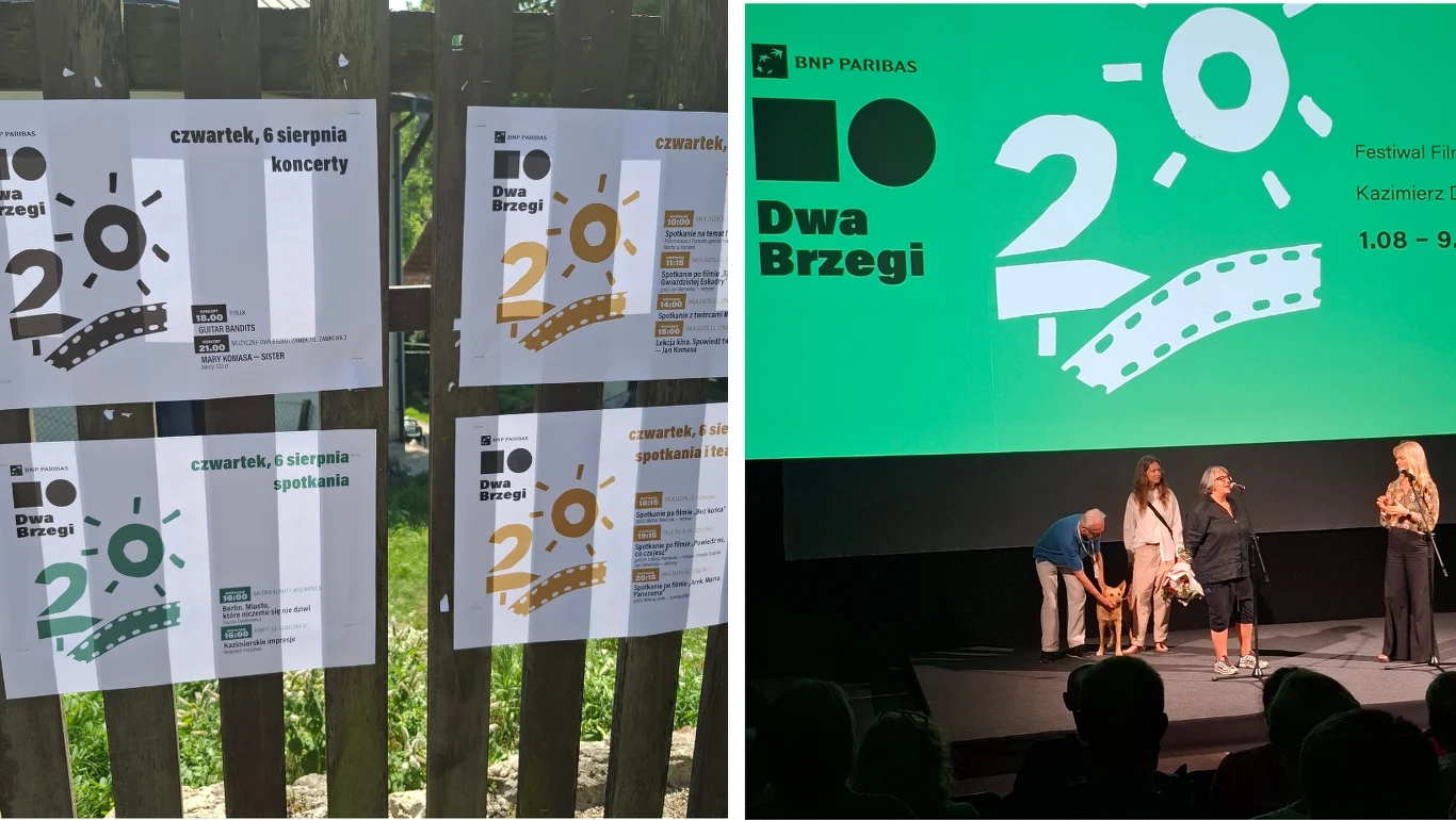 Plakaty promujące festiwal filmowy Dwa Brzegi zawieszone na płocie oraz grupa osób stojących na scenie przed dużym zielonym ekranem z logo i informacjami o wydarzeniu.