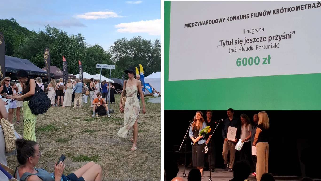 Pokaz mody na świeżym powietrzu z modelką prezentującą sukienkę, a po prawej stronie wręczenie nagrody podczas gali filmowej za najlepszy krótkometrażowy film, z wyraźnie widoczną informacją o tytule filmu oraz wysokości nagrody pieniężnej.