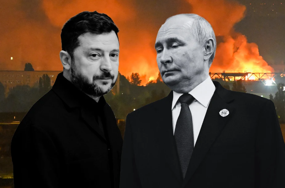 Zełenski podkreśla, że Putin szuka w wojnie zwycięstwa, by usprawiedliwić ponoszone straty Prezydent Ukrainy Wołodymyr Zełenski i przywódca Rosji Władimir Putin na tle wybuchu w wojnie
