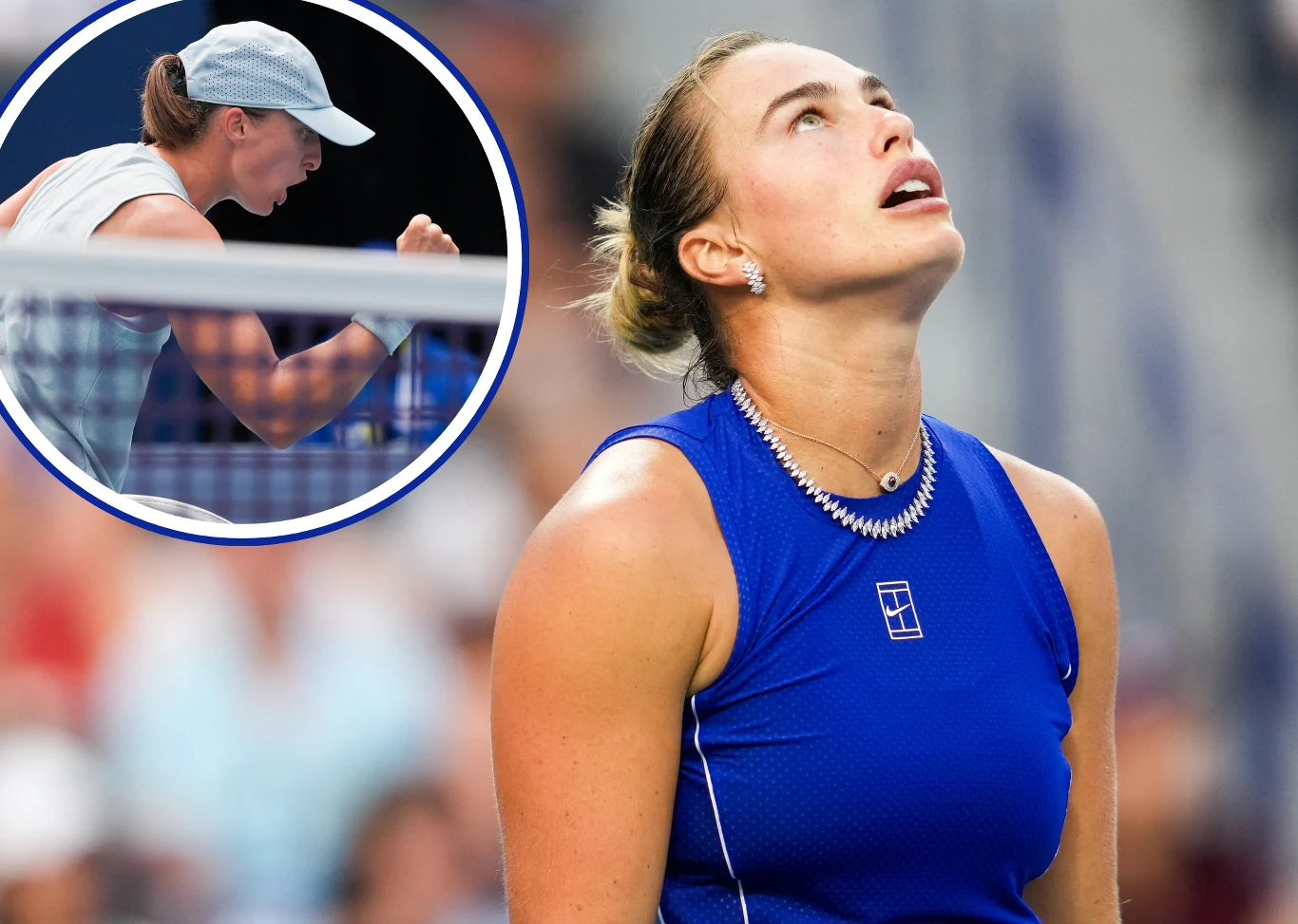 Iga Świątek i Aryna Sabalenka na korcie w Toronto Iga Świątek i Aryna Sabalenka na korcie w Toronto podczas meczu WTA, Sabalenka w niebieskim stroju, Świątek świętuje.