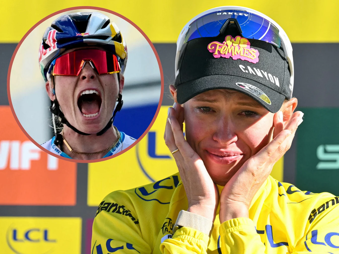 Katarzyna Niewiadoma-Phinney i Demi Vollering Katarzyna Niewiadoma w żółtej koszulce kolarskiej ze łzami w oczach i dłońmi przy twarzy stoi na podium i krzycząca Demi Vollering