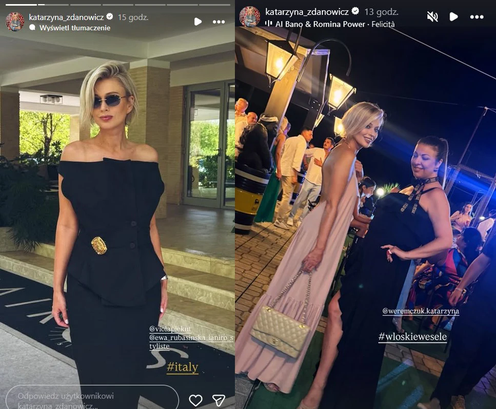 Elegancko ubrana kobieta w czarnej sukience z ozdobnym paskiem pozuje przed budynkiem oraz podczas wieczornego wydarzenia towarzyskiego, obok niej stoi druga kobieta w jasnoróżowej sukience, w tle widoczni są inni uczestnicy imprezy.