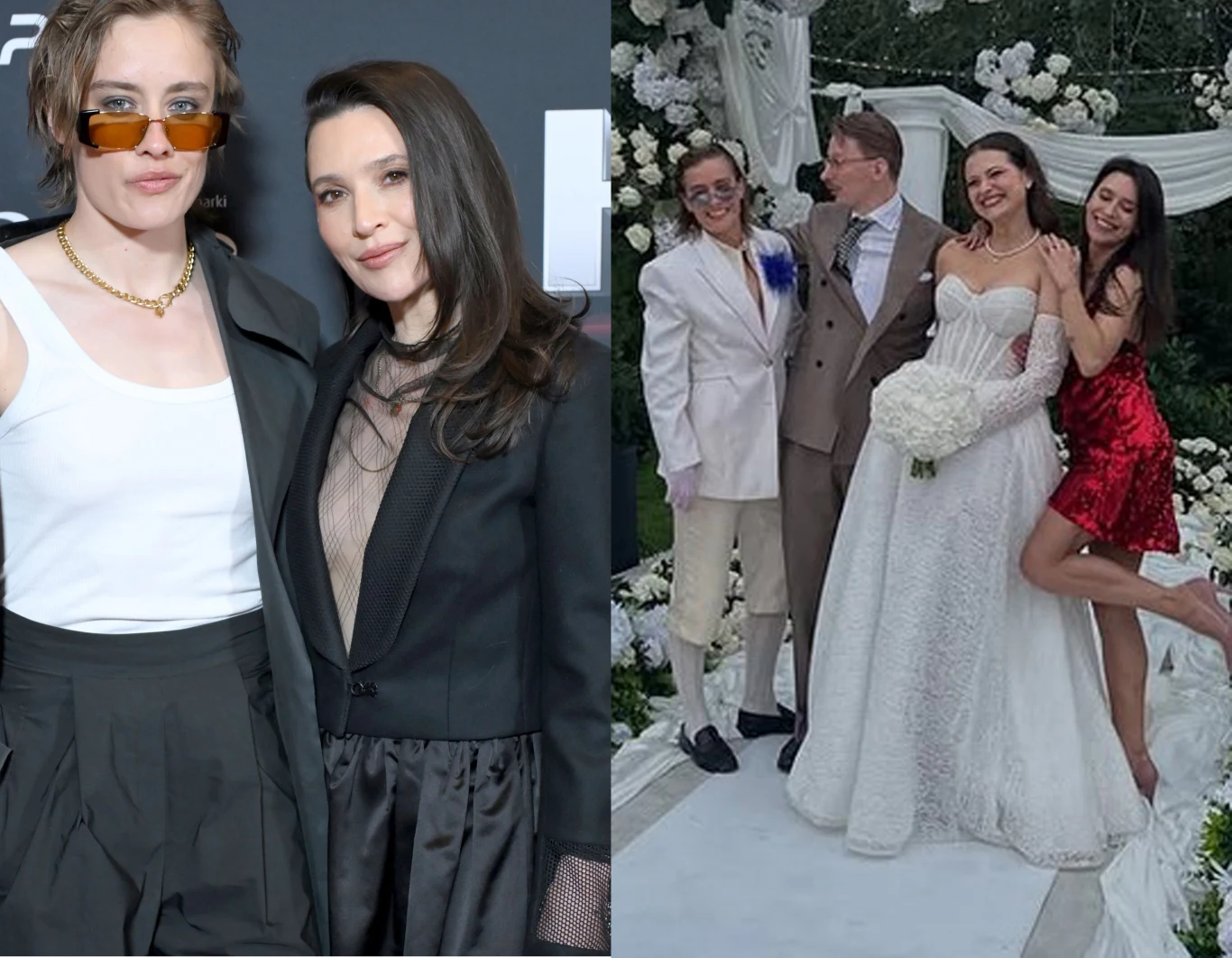 Katrzyna Zillmann i Janja Lesar brylowały na weselu Martyny Kaczmarek Dwie osoby pozują razem na wydarzeniu, ubrane w eleganckie, nowoczesne stylizacje; obok drugi kadr, na którym cztery osoby stoją na udekorowanym białymi kwiatami dywanie, wśród nich panna młoda w białej sukni trzyma bukiet i uśmiecha się do kamery.