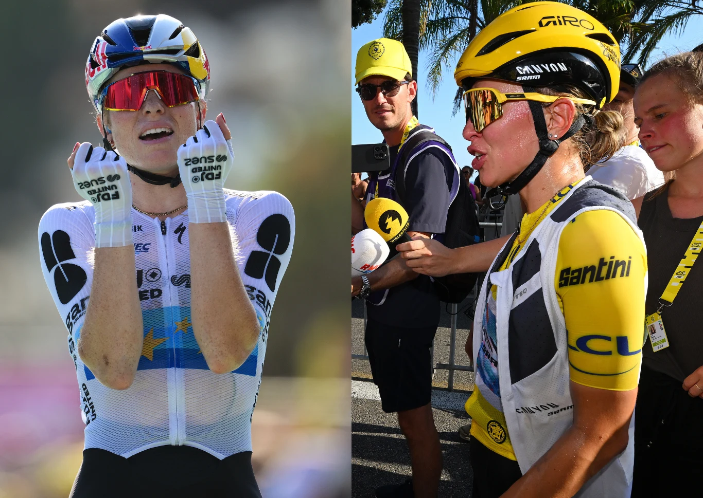Demi Vollering i Katarzyna Niewiadoma-Phinney Demi Vollering i Katarzyna Niewiadoma-Phinney podczas Tour de France Femmes w kolarskich strojach i kaskach.