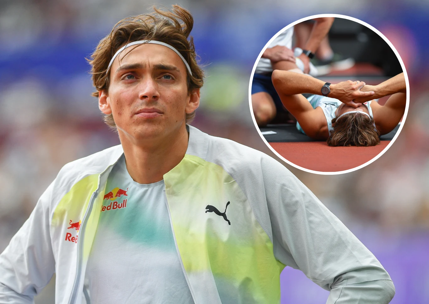 Armand Duplantis. W kółku podczas opatrywania w Londynie Armand Duplantis w stroju Puma z opaską na włosach podczas konsultacji medycznej na bieżni w Londynie