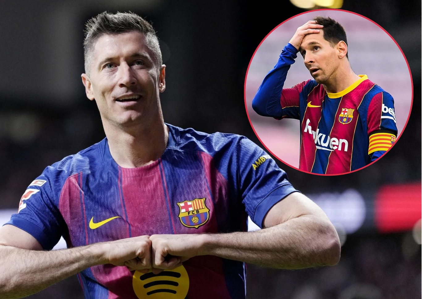 Robert Lewandowski i Leo Messi Robert Lewandowski w koszulce FC Barcelony, z boku Leo Messi
