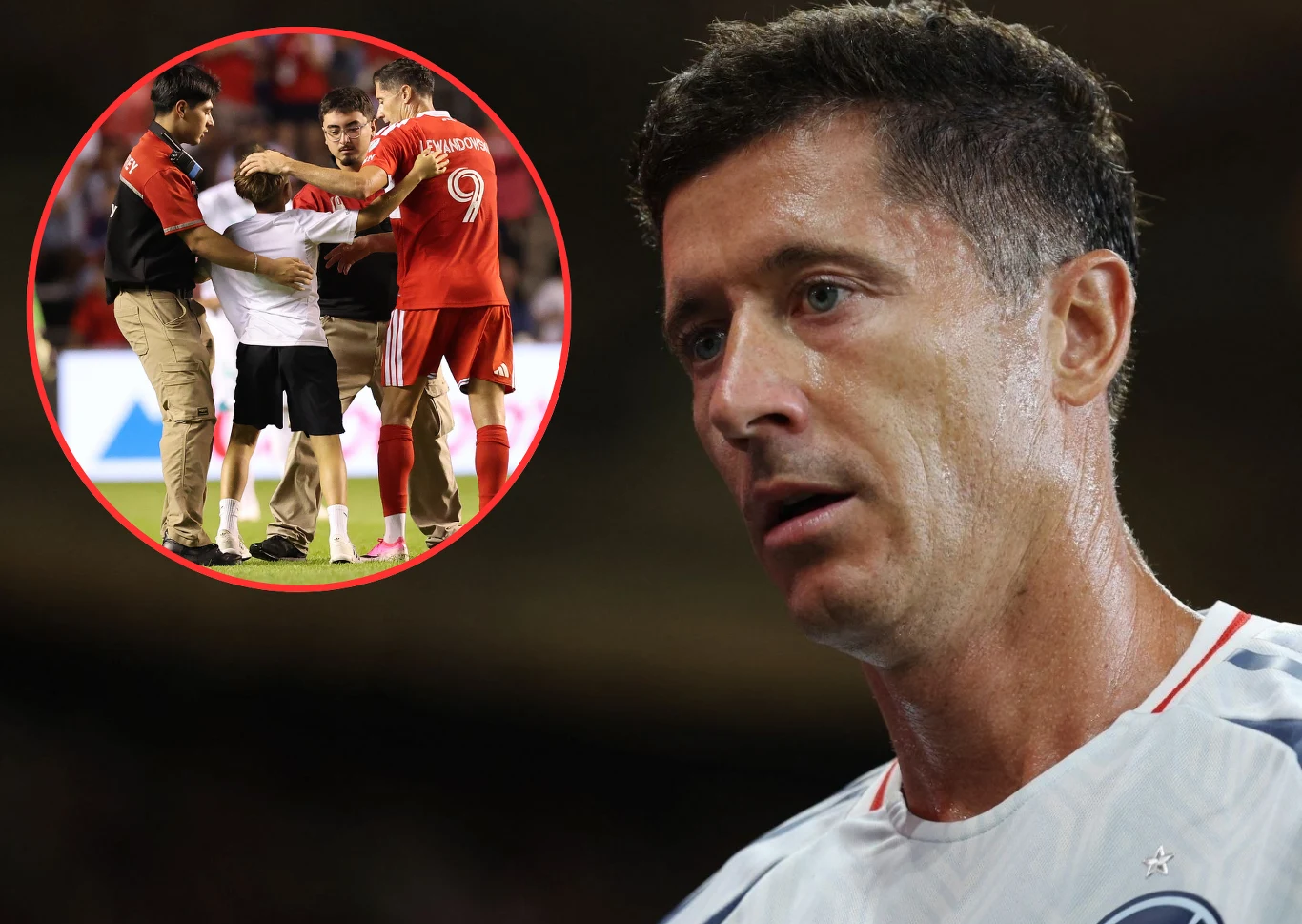 Incydent z udziałem Roberta Lewandowskiego Robert Lewandowski w białej koszulce na boisku; obok ochroniarze zatrzymują młodego kibica.
