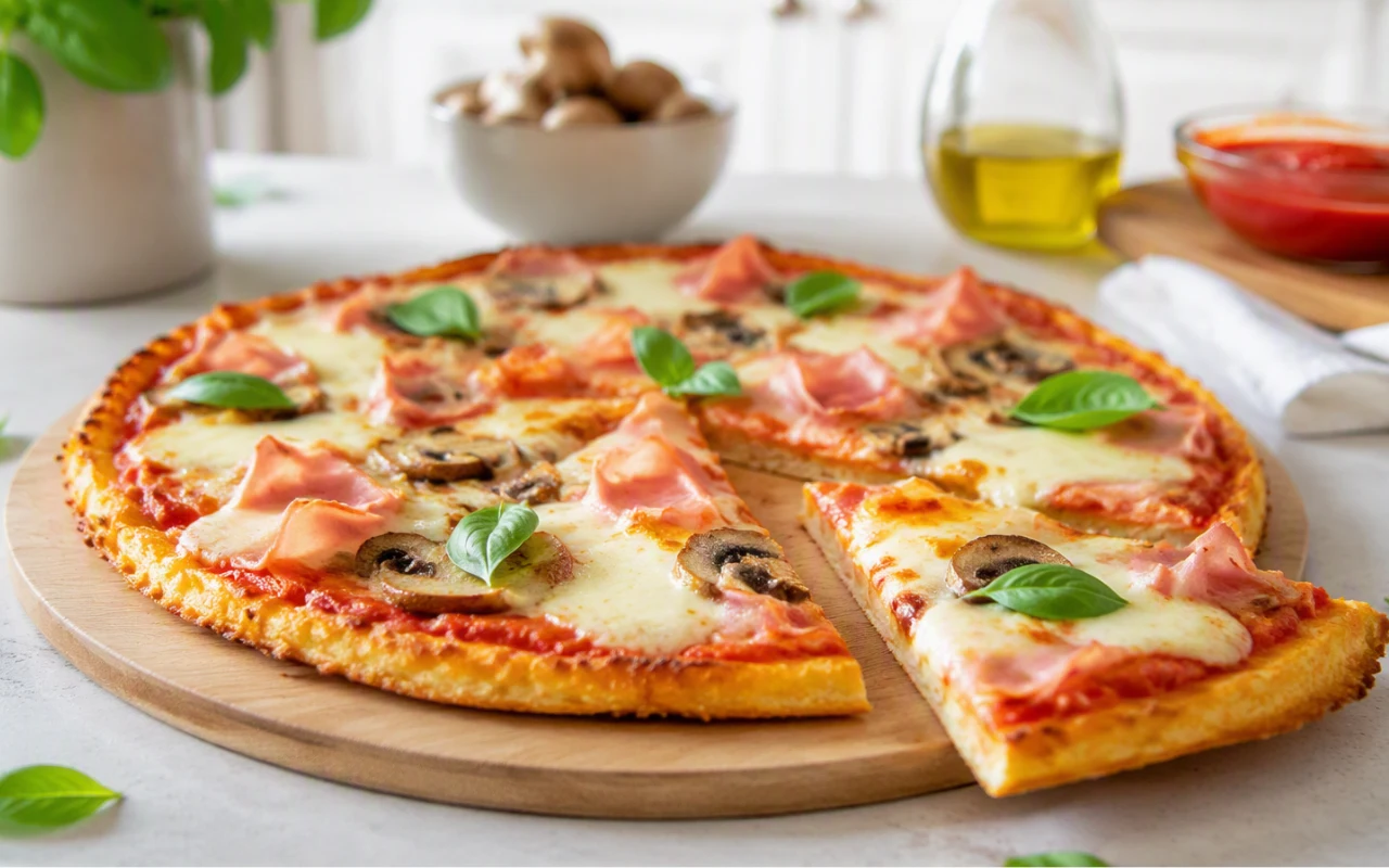 Ziemniaczany spód do pizzy to świetny pomysł na obiad z tego, co zostało z niedzieli Klasyczna pizza na cienkim cieście z plasterkami szynki, świeżą bazylią, pieczarkami oraz roztopionym serem, podana na drewnianej desce z wyjętym jednym kawałkiem.