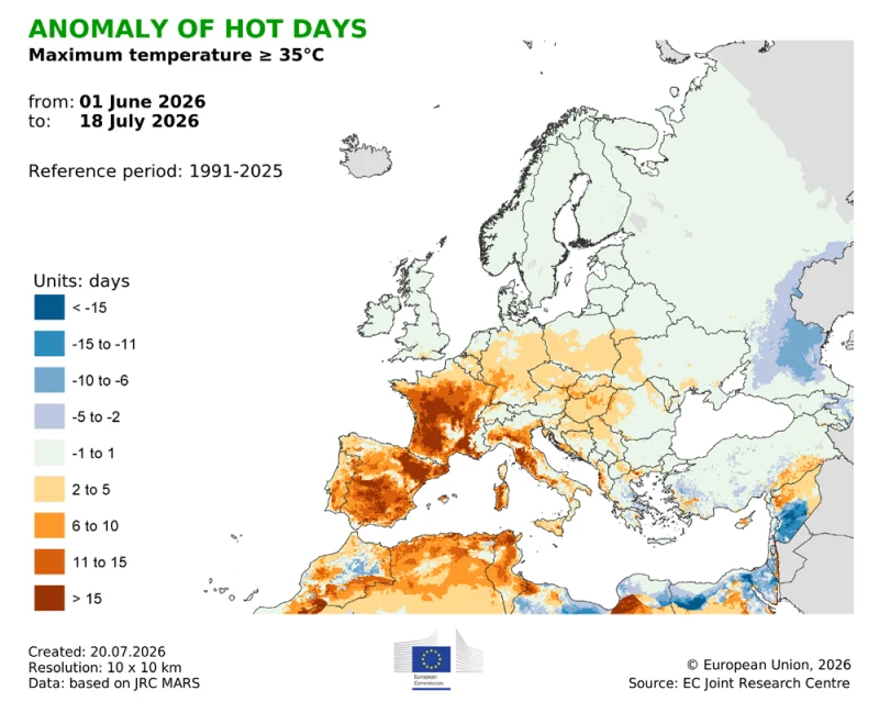 Anomalia liczby dni z temperaturą maksymalną równą lub powyżej 35 st. C (1991-2025) Mapa Europy z kolorystycznym oznaczeniem liczby dni z temperaturą powyżej 35°C w okresie od 1 czerwca do 18 lipca 2026, pokazująca szczególnie duże anomalie gorących dni w Hiszpanii, południowej Francji, Włoszech, na Bałkanach oraz w południowej części...