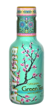 Butelka napoju Arizona Green Tea z miodem ozdobiona grafiką kwitnącej gałęzi kwiatu wiśni na turkusowym tle.
