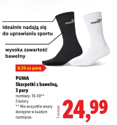 Czarne i białe sportowe skarpetki PUMA z widocznym logo, wykonane z wysoką zawartością bawełny, pakowane po trzy pary.