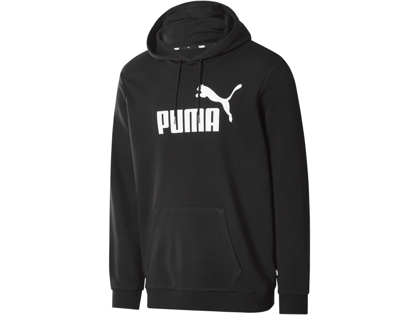Czarna bluza z kapturem, duża biała kieszeń z przodu, charakterystyczne białe logo i napis Puma na piersi.