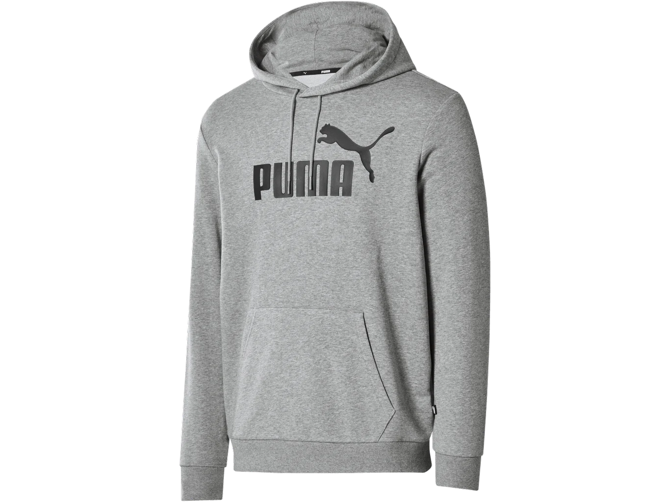 Szara bluza z kapturem, dużą kieszenią z przodu oraz wyraźnym czarnym logo i napisem Puma na klatce piersiowej.