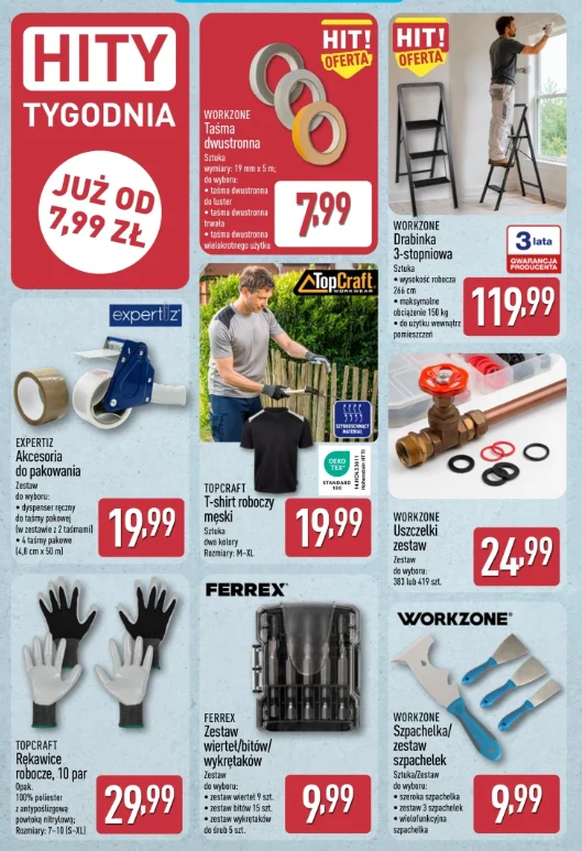 Hity tygodnia w Aldi Najważniejsze narzędzia i akcesoria przydatne w domu, takie jak drabina 3-stopniowa, taśma dwustronna, zestaw rękawic roboczych oraz zestawy końcówek i szpachelki, z podanymi cenami i zachętą do skorzystania z tygodniowej promocji.