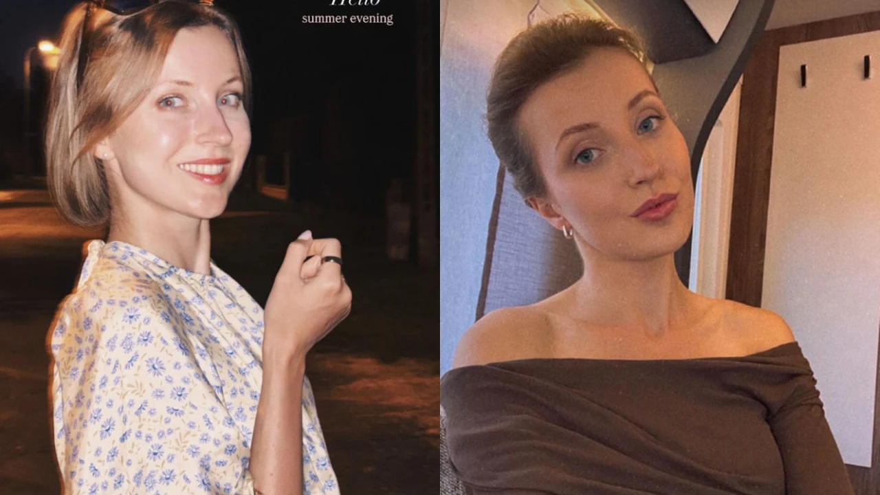 Dominika Suchecka pokazała metamorfozę Kobieta z jasnymi włosami w dwóch różnych stylizacjach: po lewej uśmiechnięta w kwiecistej sukience na tle nocnej ulicy, po prawej w eleganckiej, odsłaniającej ramiona sukience w ciepłym wnętrzu.