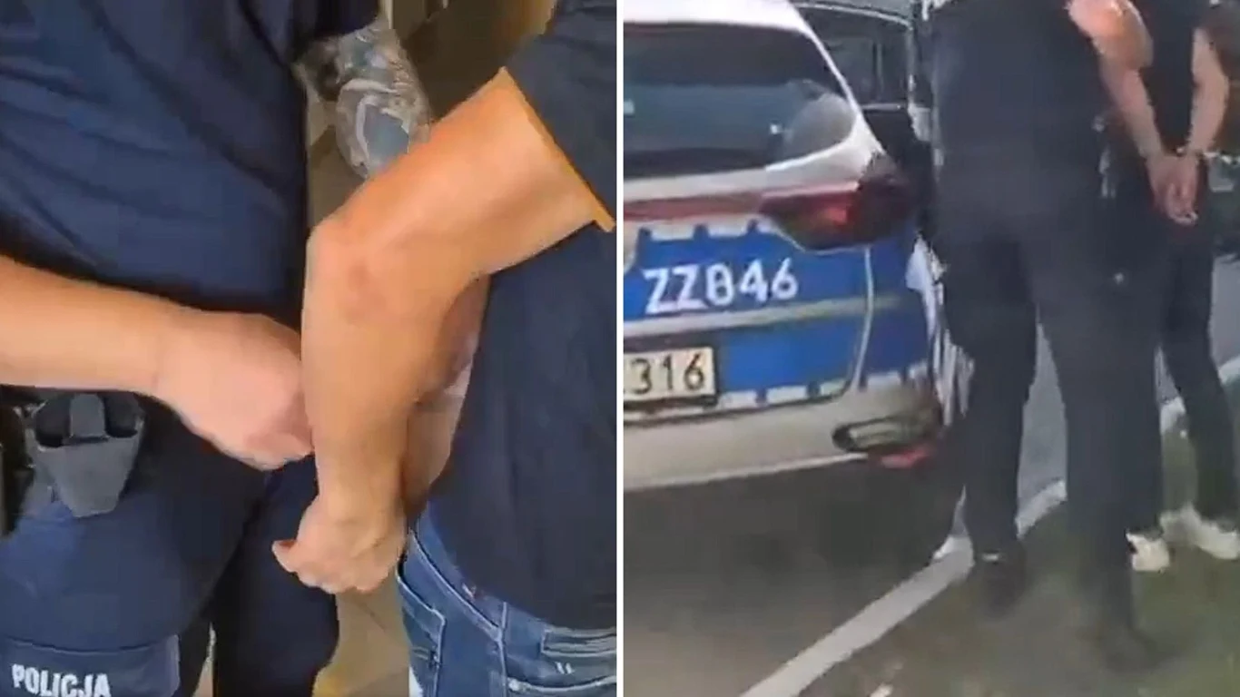 44-latek z Ukrainy zatrzymany w sprawie pobicia Policjanci zakładają kajdanki 44-letniemu mężczyźnie z Ukrainy obok policyjnego radiowozu.
