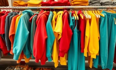 Kolorowe dziecięce bluzy i dresy na wieszakach w sklepowym dziale odzieżowym