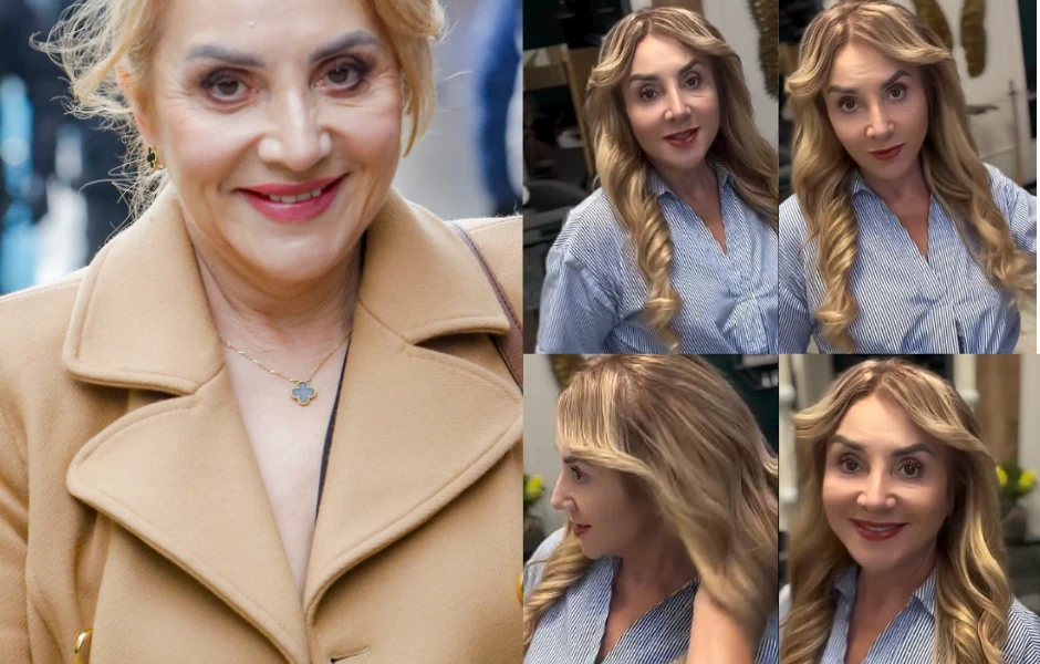 Danuta Martyniuk schudła ponad 20 kg i przeszła kolejną metamorfozę Kobieta o blond włosach i delikatnym makijażu, ubrana w beżowy płaszcz oraz niebieską koszulę, pokazana zarówno w zbliżeniu na twarz, jak i w czterech ujęciach z różnymi mimikami i perspektywami.
