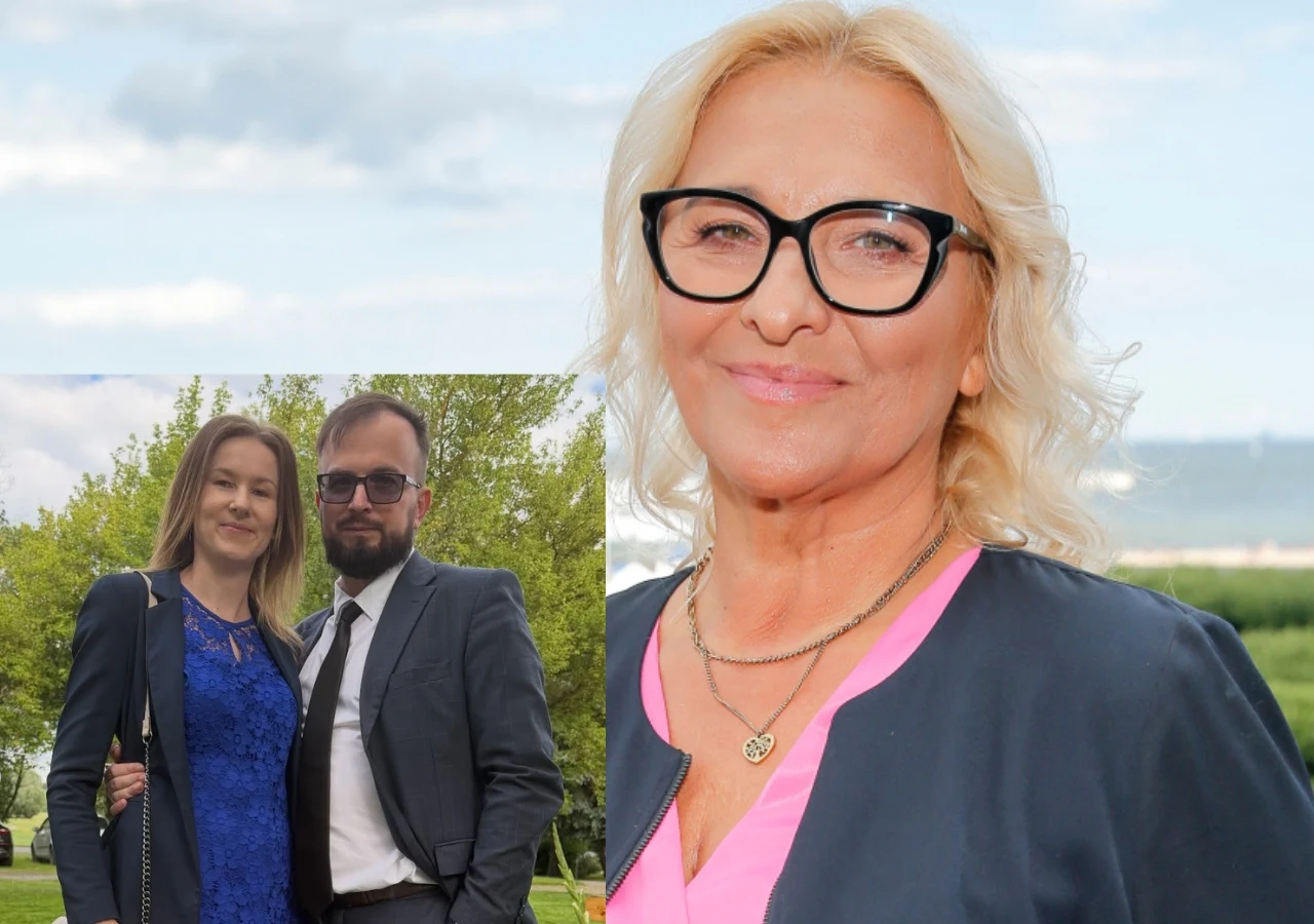 Kobieta z blond włosami w okularach i granatowej marynarce z różową bluzką, nałożony fragment zdjęcia przedstawia parę ubraną elegancko; kobieta w niebieskiej sukience i mężczyzna w garniturze stoją razem na tle drzew.