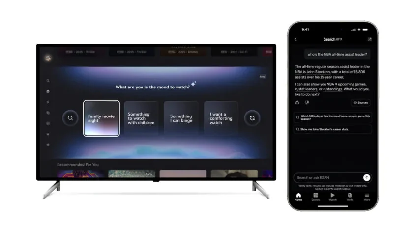 Asystent AI w aplikacji Disney+ na telewizory i smartfony. Duży telewizor wyświetlający interfejs wyboru filmów z podświetloną kategorią „Family movie night” oraz smartfon z włączoną aplikacją do wyszukiwania informacji, ustawione obok siebie na białym tle.