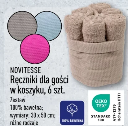 Sześć bawełnianych ręczników za 49,99 zł Zestaw sześciu ręczników dla gości ułożonych w beżowym koszyku, dostępnych w różnych kolorach, wykonanych w 100% z bawełny, oznaczonych certyfikatem OEKO-TEX Standard 100.