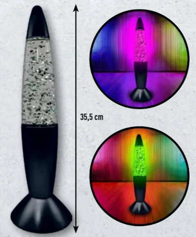 Lampa z brokatem za 39,99 zł. Czarna lampa lawowa z przezroczystym korpusem wypełnionym błyszczącymi drobinkami, prezentowana w dwóch wersjach kolorystycznych podświetlenia: fioletowo-różowej i zielono-pomarańczowej, o wysokości 35,5 cm.