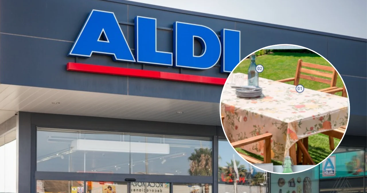 ALDI rzuca hity do domu od 11 sierpnia. Wybrałam 8 najlepszych okazji od 4,99 zł Niebieski szyld sklepu ALDI oraz stół ogrodowy z kwiecistym obrusem, talerzami i butelką na tle krzeseł.