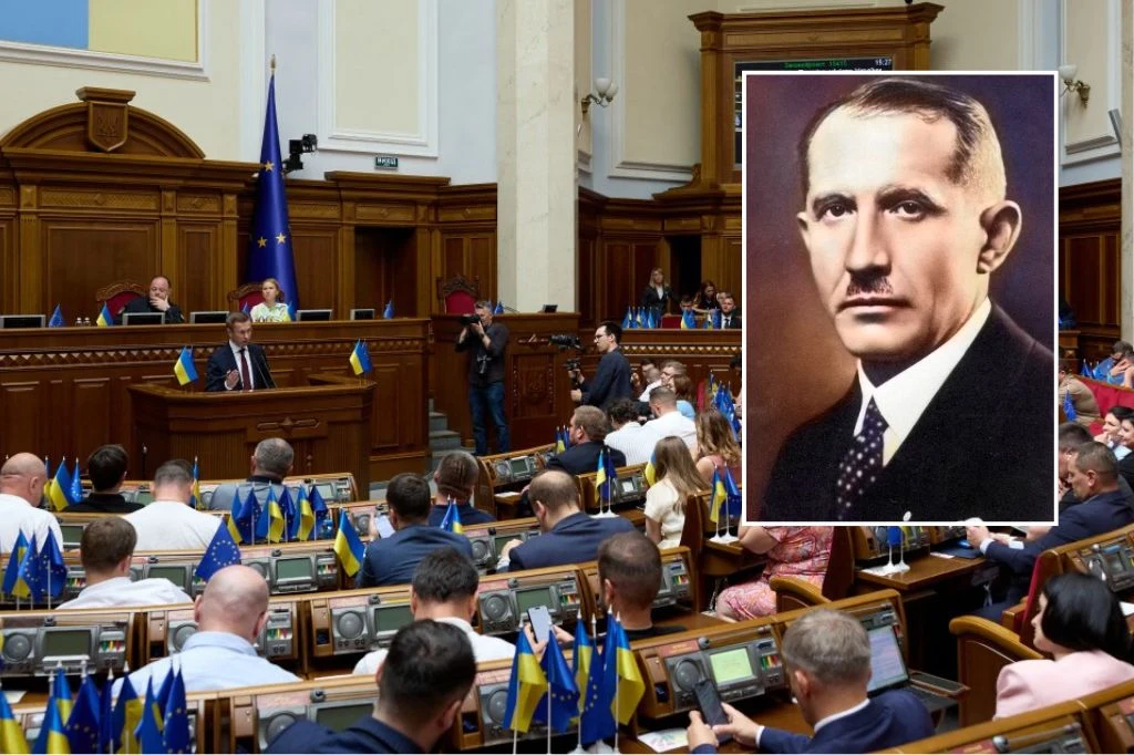 Ukraina. Wołodymyr Zełenski ogłasza, chodzi o ekshumację przywódcy OUN Rada Najwyższa Ukrainy i portret Jewhena Konowalca.