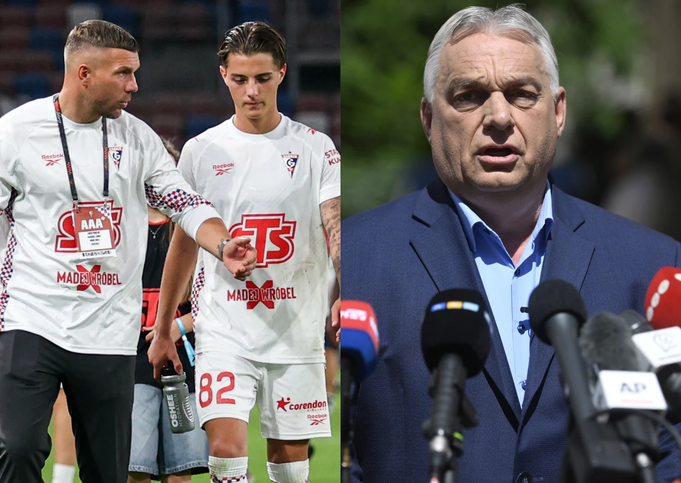 Lukas Podolski, Kacper Urbański i Viktor Orban Lukas Podolski i Kacper Urbański w białych strojach na boisku, Viktor Orban przemawia przy mikrofonach w garniturze.