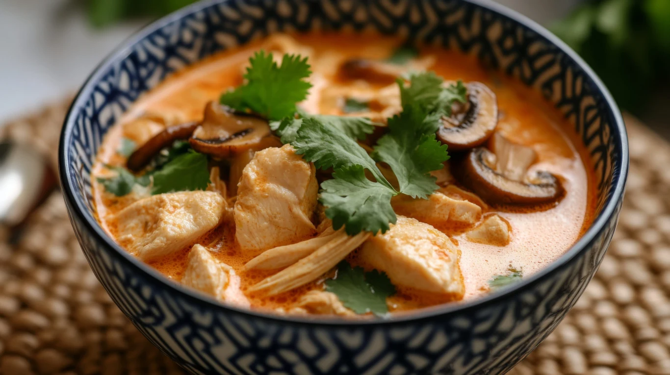 Laksa to aromatyczna tajska zupa, która świetnie sprawdzi się, gdy nie masz wiele czasu na gotowanie. Gęsta tajska zupa laksa z makaronem, kurczakiem, pieczarkami i kolendrą w ozdobnej misce