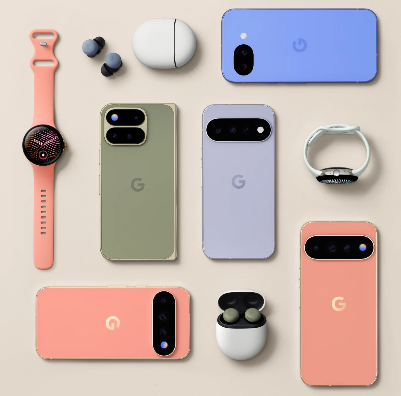 Smartfony Google Pixel 11 dostępne są w kilku kolorach obudowy. Różnokolorowe smartfony Google Pixel, smartwatche z silikonowymi paskami i bezprzewodowe słuchawki w etui, ułożone na jasnym tle w uporządkowany sposób.