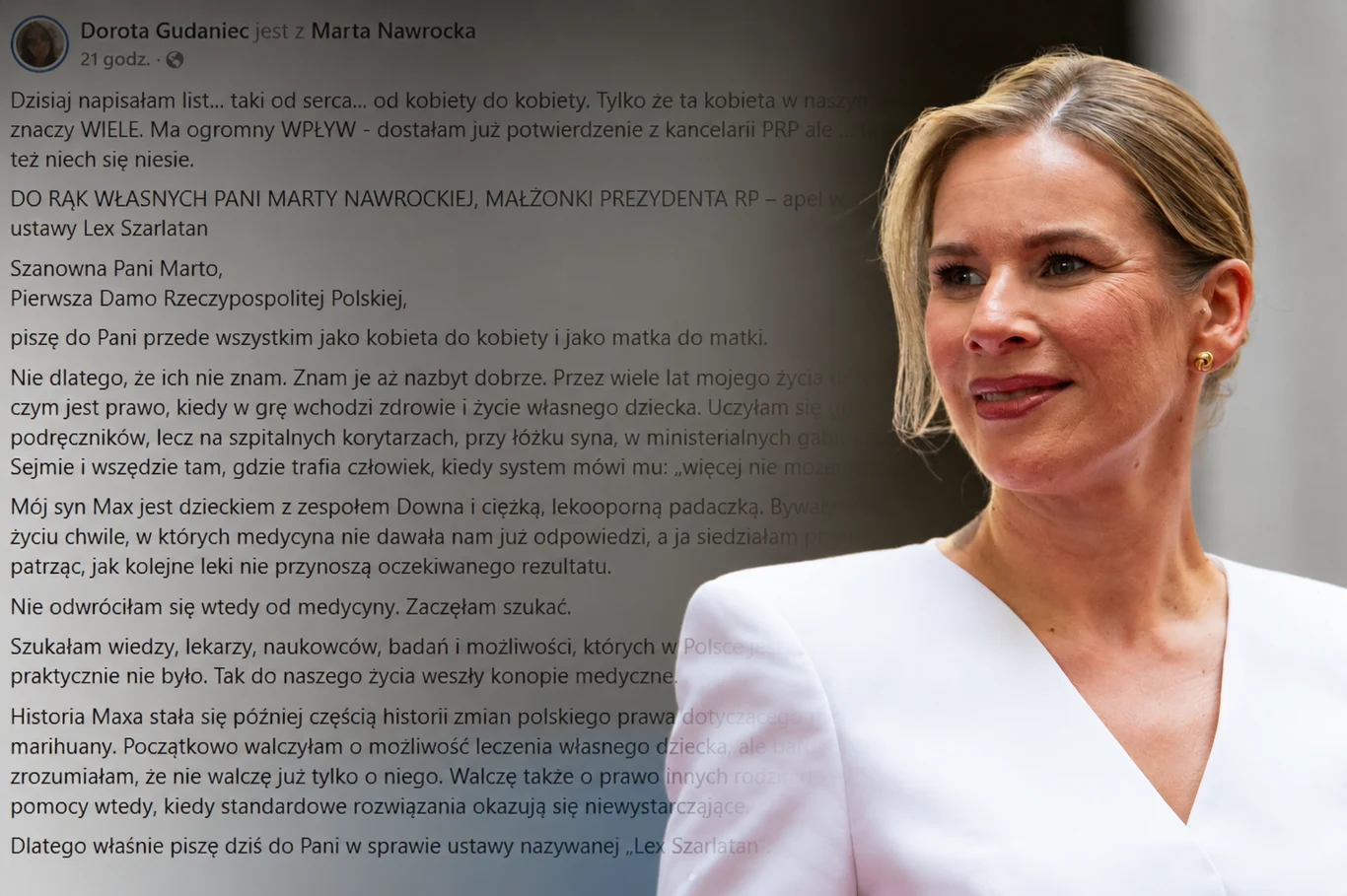 Marta Nawrocka i apel w sprawie "lex szarlatan" Marta Nawrocka na tle fragmentu listu Doroty Gudaniec dotyczącego ustawy "lex szarlatan"