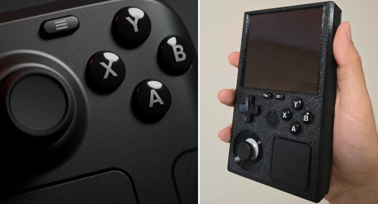 SteamBoy / źródło: Reddit Czarna przenośna konsola SteamBoy z wyświetlaczem, krzyżakiem, gałką i przyciskami ABXY po prawej stronie.