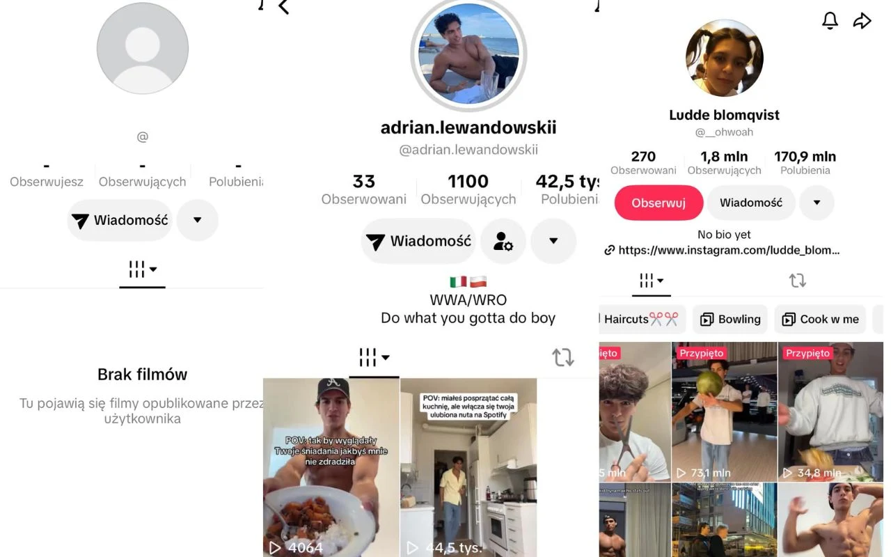 Trzy profile użytkowników aplikacji społecznościowej, dwa z nich prezentują zdjęcia profilowe i statystyki liczbowe dotyczące obserwujących, polubień oraz opublikowanych treści, jeden profil nie zawiera żadnych filmów, a wybrany profil zawiera przykład...