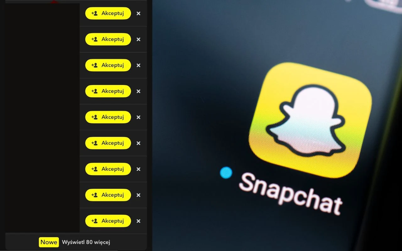 Ekran smartfona z aplikacją Snapchat oraz lista nowych powiadomień do zaakceptowania z żółtymi przyciskami po lewej stronie.