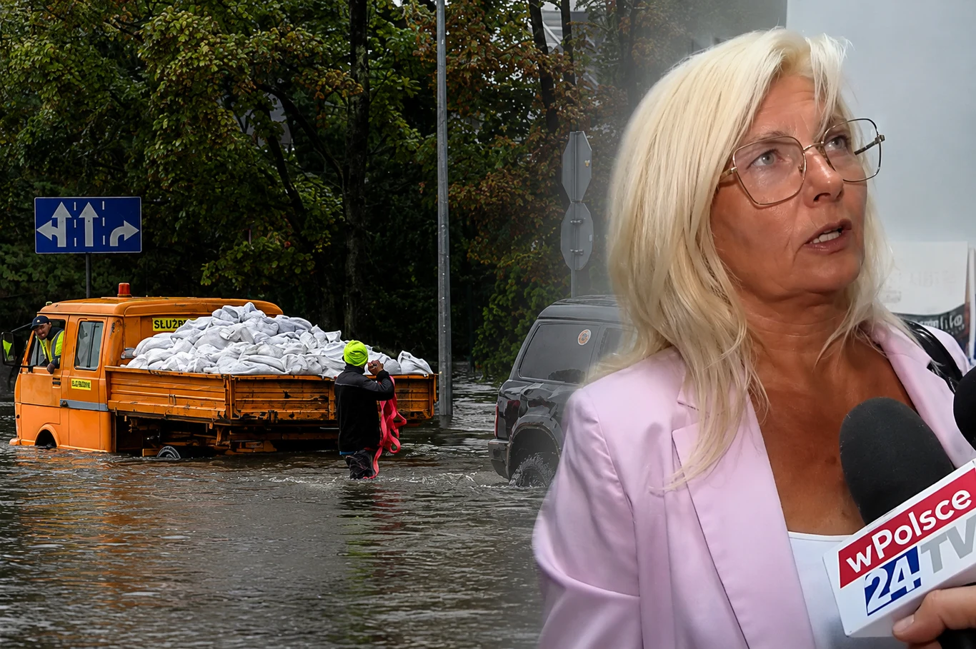 Anna Konieczyńska i powódź na Dolnym Śląsku Anna Konieczyńska podczas rozmowy z mediami. W tle zalana ulica i działania prowadzone podczas powodzi na Dolnym Śląsku.