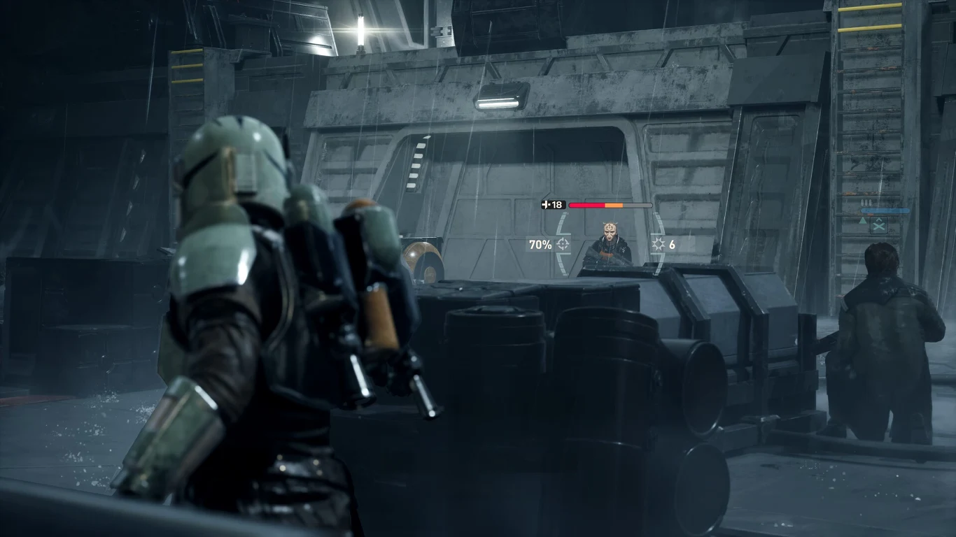 Star Wars: Zero Company Opancerzony wojownik z bronią obserwuje przeciwnika ukrywającego się za barierą, nad którym widoczny jest pasek zdrowia i oznaczenie poziomu zagrożenia.
