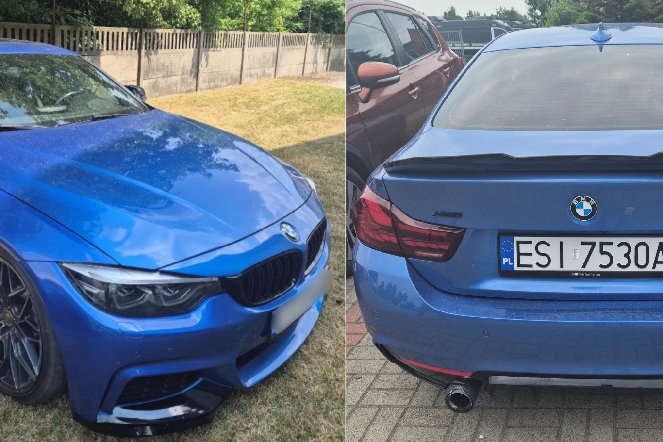 Niebieskie BMW M4 z charakterystycznym sportowym zderzakiem, czarnymi detalami i tablicą rejestracyjną z Polski, zaparkowane na trawie i w pobliżu innych samochodów.