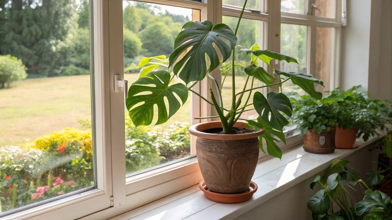 Monstera zachowa zdrowy wygląd jeśli będziemy dbali o odpowiednie podlewanie i nawożenie. Monstera w doniczce ustawiona na parapecie przy dużym oknie, przez które wpada naturalne światło.