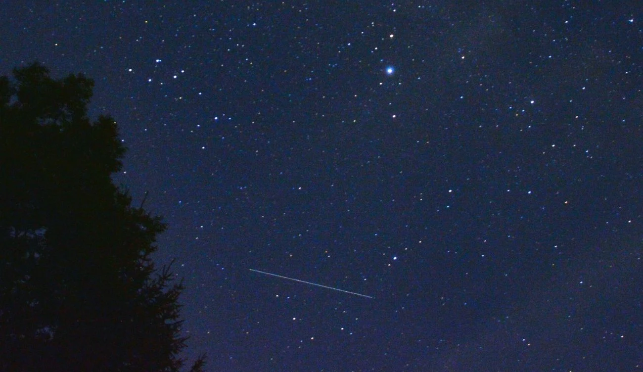 W 2026 roku przewidywane są optymalne warunki do obserwacji Perseidów Nocne niebo nad Bieszczadami z widocznym śladem meteoru podczas maksimum Perseidów, na tle sylwetek drzew.