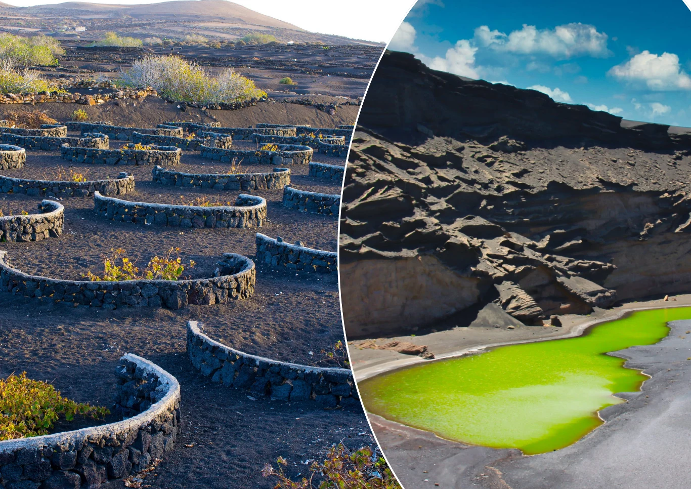Wulkaniczna winnica i Mirador del Rio, Lanzarote Kamienne półokręgi tworzące rozległe tarasy uprawne na czarnym, wulkanicznym podłożu oraz jasna zielona laguna otoczona ciemnymi skałami wulkanicznymi pod błękitnym niebem.