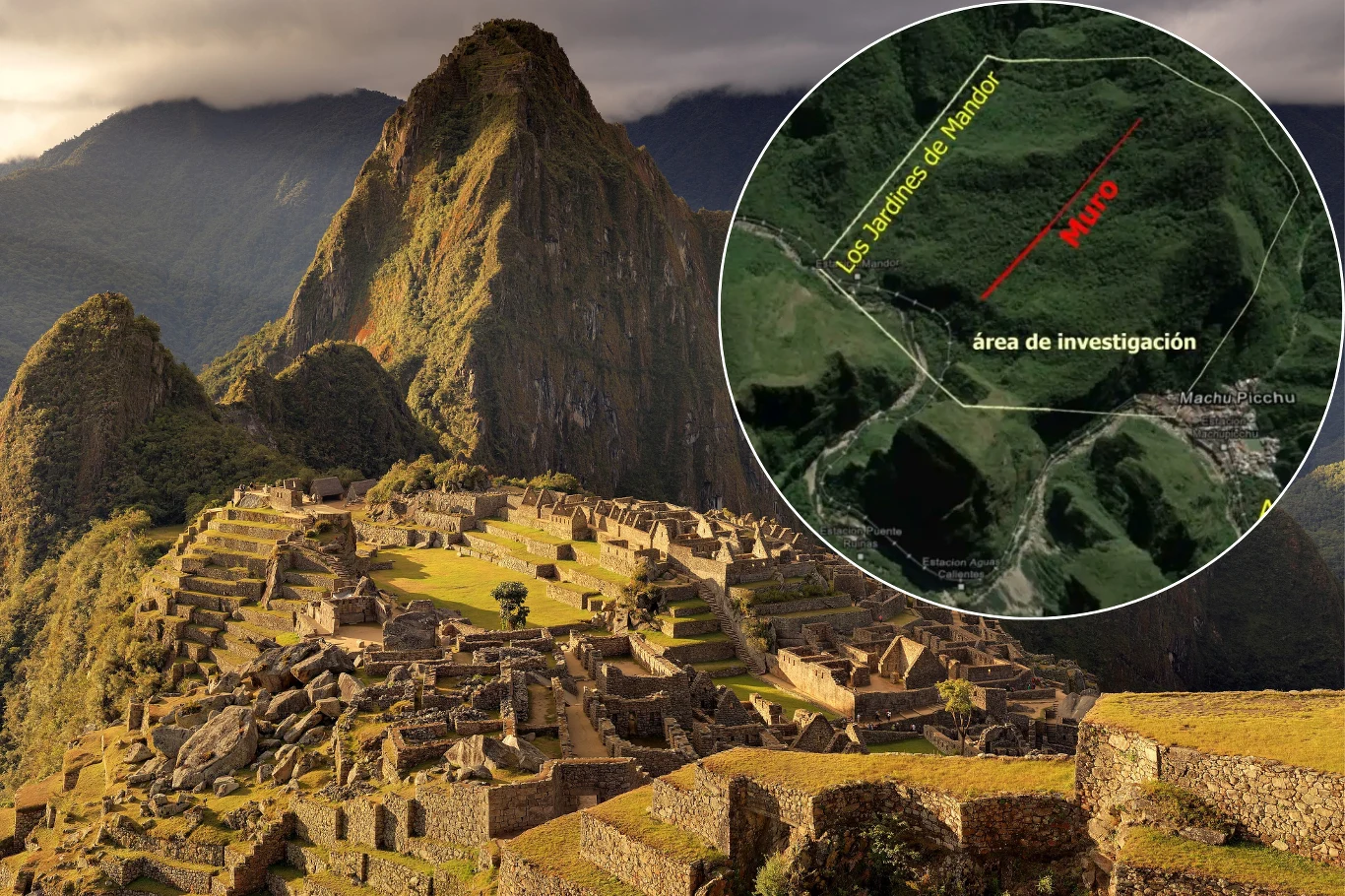 W Parku Archeologicznym Machu Picchu odkryto nieznane dotąd struktury. Ruiny Machu Picchu w otoczeniu gór i zieleni, mapa wskazuje lokalizację muru Mandor i obszar nowych odkryć.