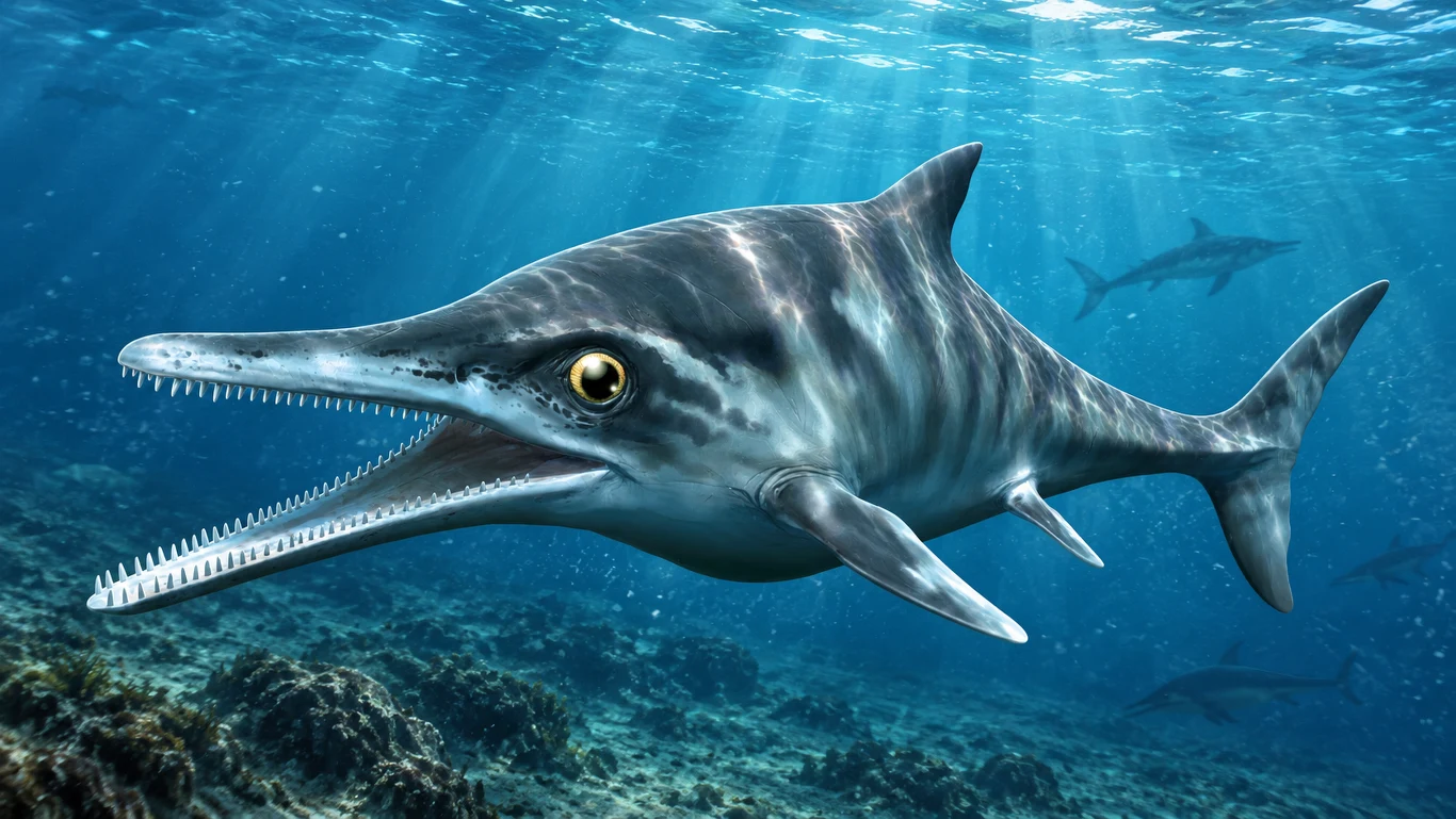 Ophthalmosaurus był niedużym ichtiozaurem, który pływał także w Polsce Ophthalmosaurus z otwartą paszczą i długim pyskiem pływa nad dnem morskim, w tle drugi gad w oceanie.