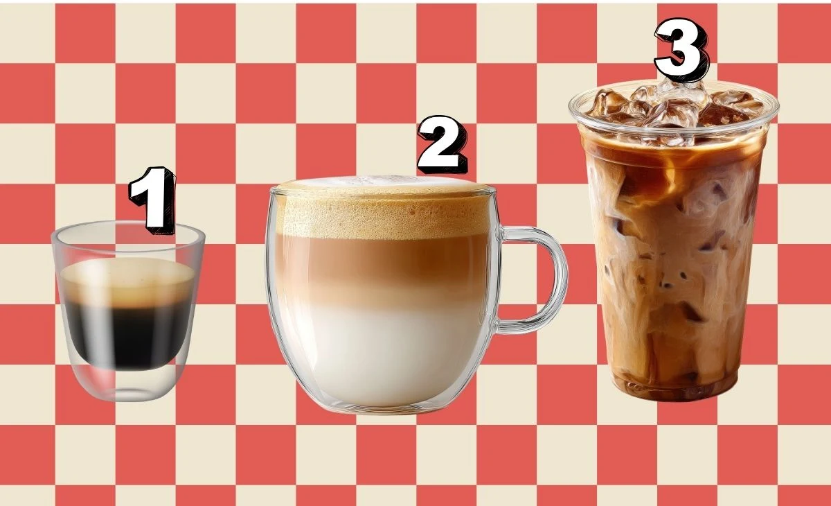 Wybierz swoją kawę. Sprawdź, co mówi o tobie twój wybór Trzy rodzaje kawy: espresso w małej szklance, cappuccino z pianką, kawa mrożona z lodem.