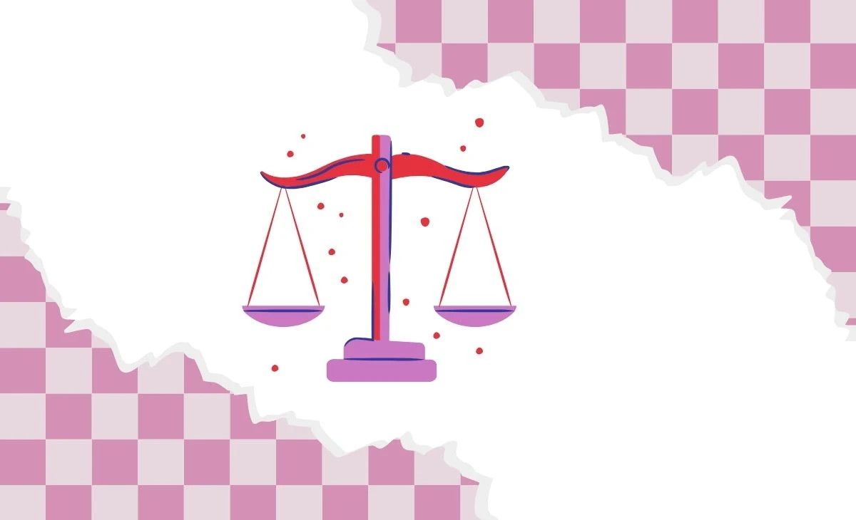 Wskazałaś na Wagę? Szukasz harmonii i chemii Czerwona waga szalkowa na tle białej przestrzeni otoczonej różowo-białą szachownicą, z drobnymi czerwonymi kropkami wokół środka ilustracji.